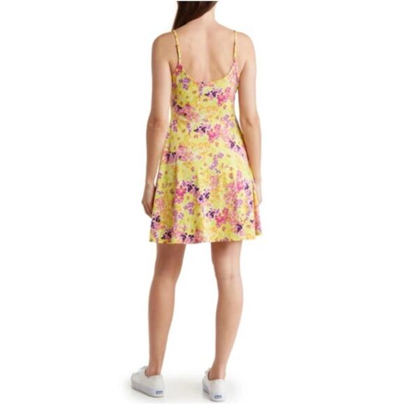 New ABOUND NORDSTROM Pink-Yellow Painted Floral V-Neck Skater Dress Size L - Picture 2 of 7